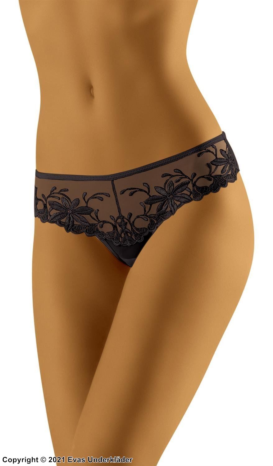 Romantic thong, sheer mesh, embroidery, flowers